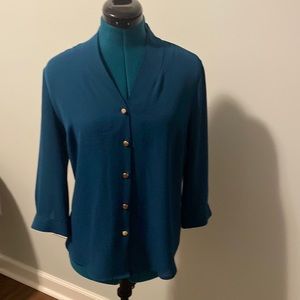Dark Teal ladies 3/4 sleeve button front blouse